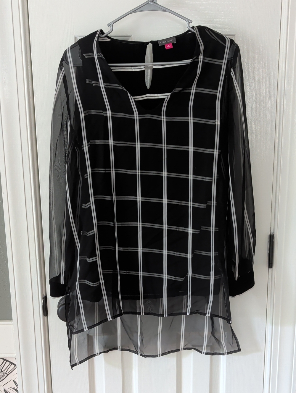 Vince Camuto Black and White Windowpane Sheer Tunic Top